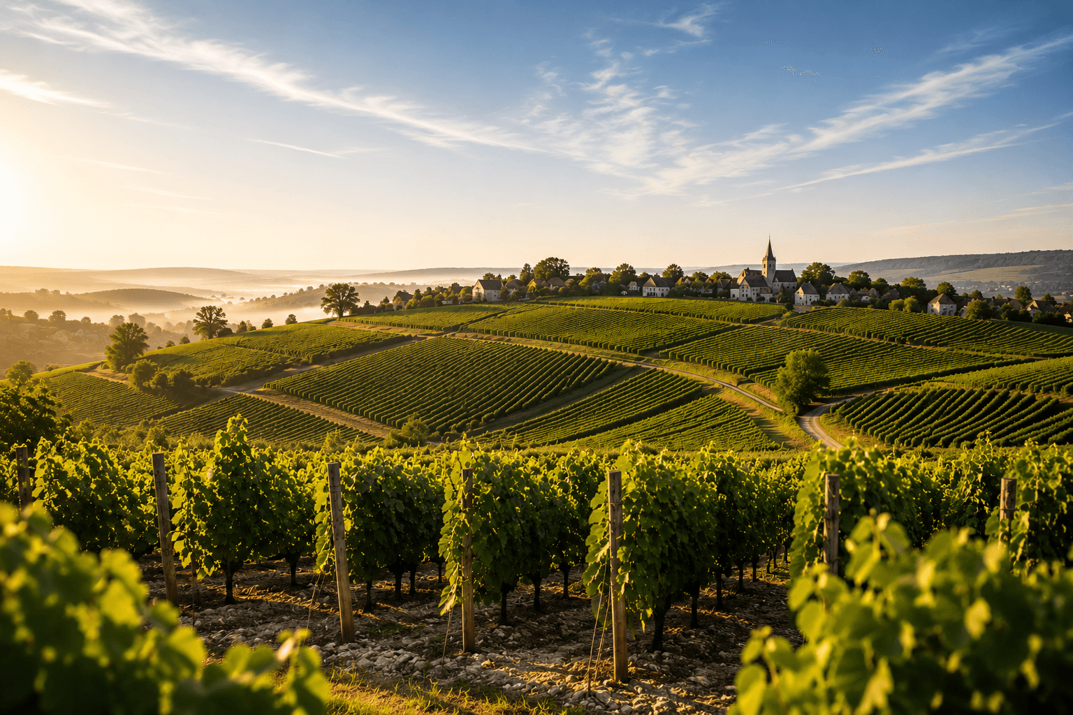 Northern Burgundy vineyards in France, overlooking rolling limestone hills and a historic wine village