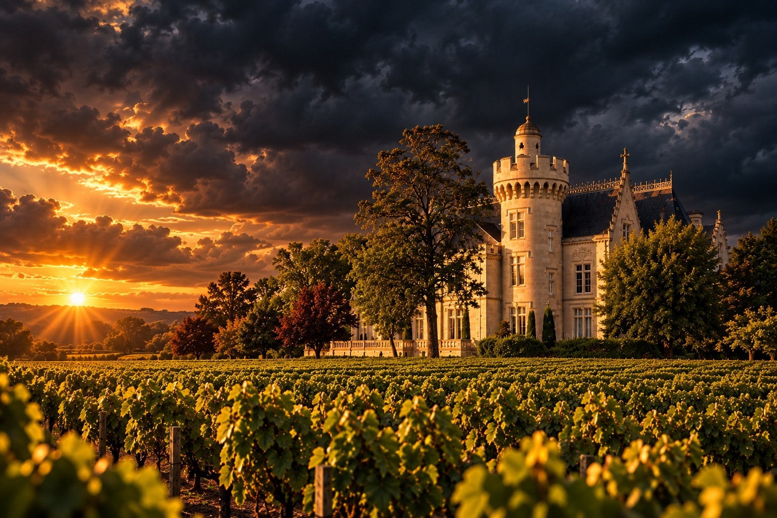 Château Pape Clément and its vineyards in Pessac-Léognan, Bordeaux, beneath a dramatic stormy sky