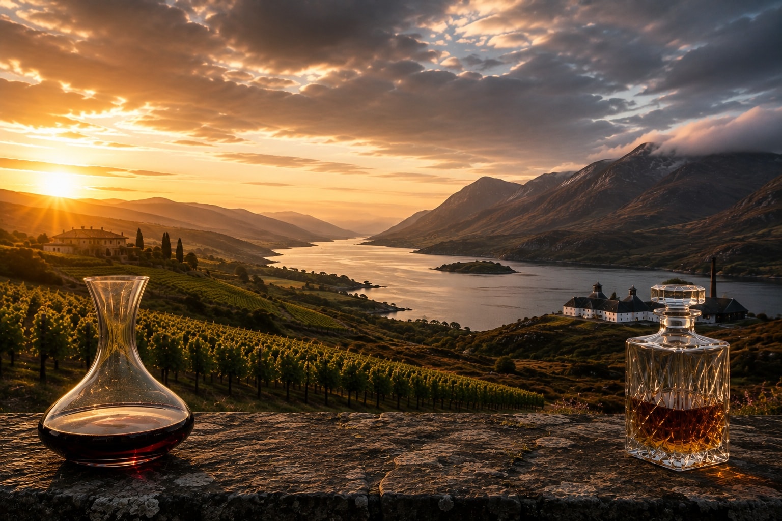 Fine wine and whisky overlooking vineyards and the Scottish Highlands