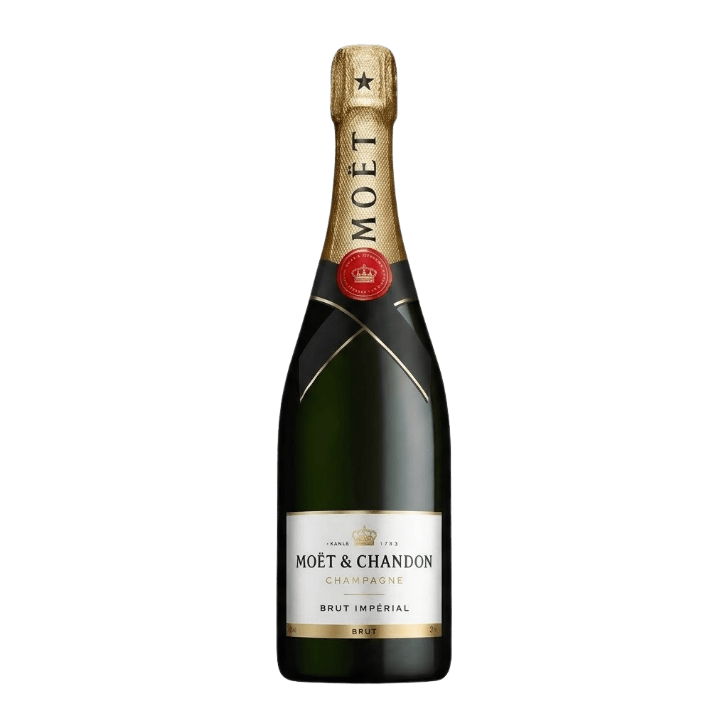 Bottle of Moët & Chandon Brut Impérial Champagne featuring signature label and black neck tie.