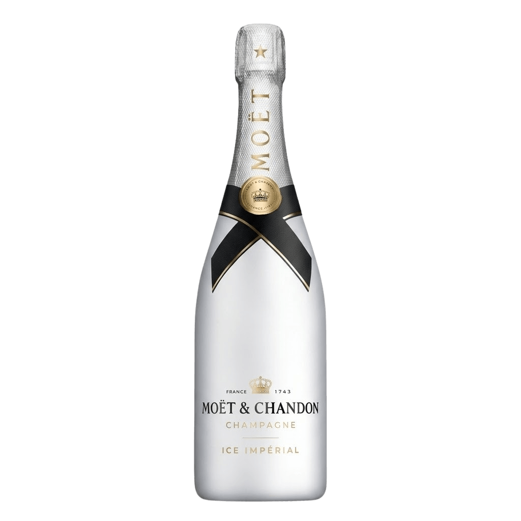 A bottle of Moët & Chandon Ice Impérial Champagne in a white bottle against a solid white background.