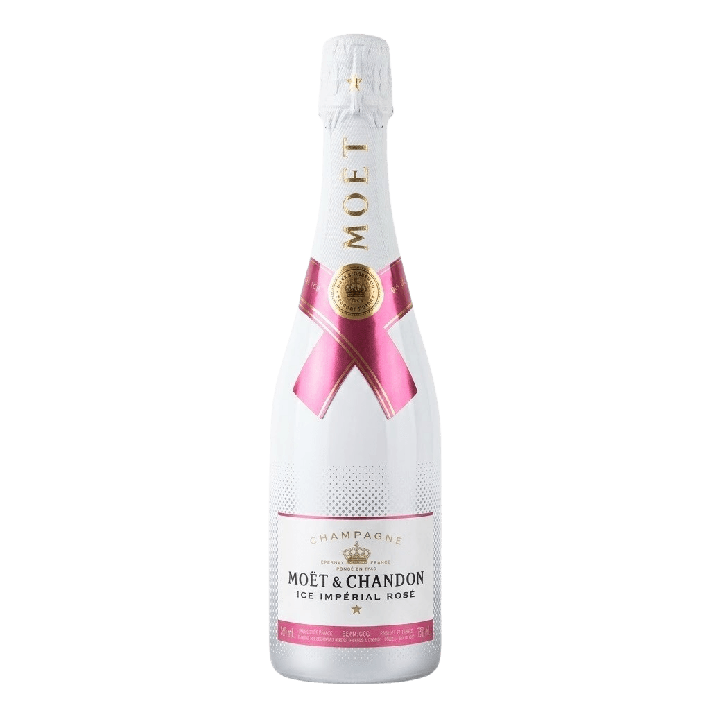 A bottle of Moët & Chandon Ice Impérial Rosé champagne in a white bottle with pink accents against a white background