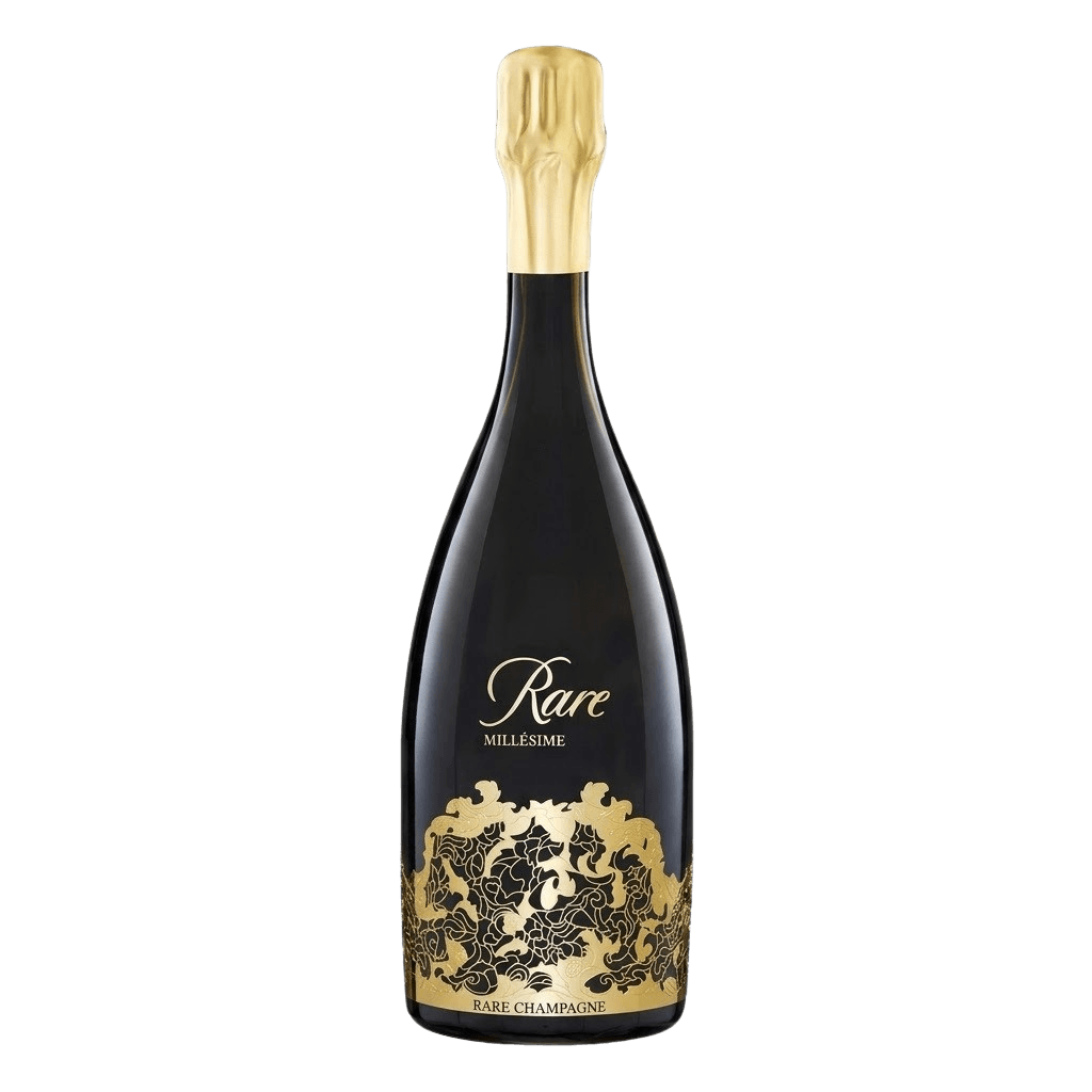A bottle of Rare Millésime Champagne with gold tiara filigree detail against a solid white background