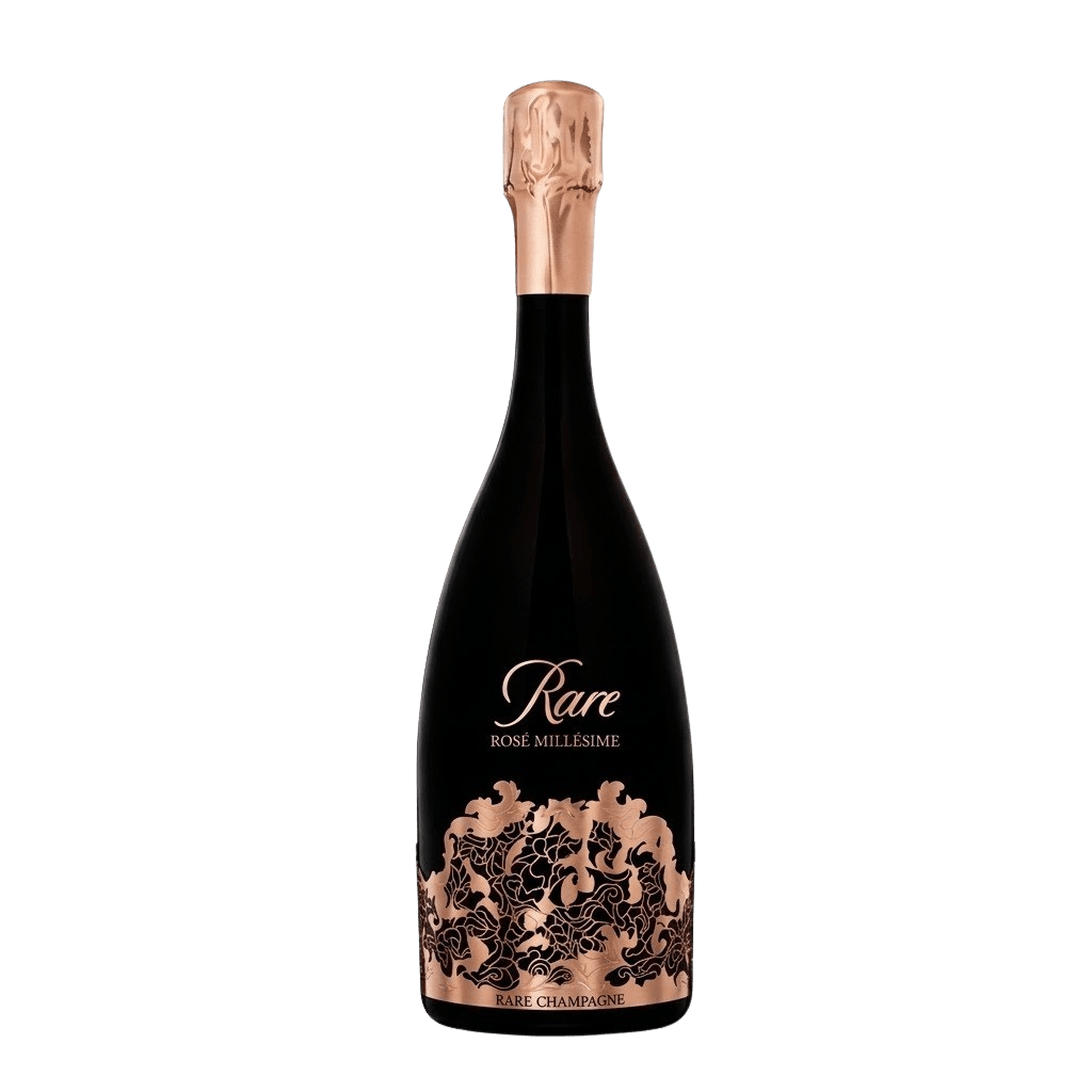 A bottle of Rare Rosé Millésime Champagne with rose gold filigree detail against no background