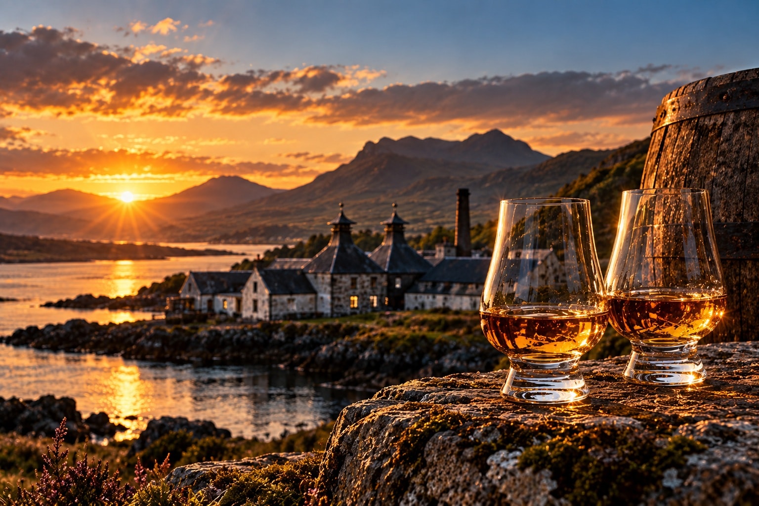Whisky glasses overlooking a Scottish-inspired distillery and mountain landscape at sunset