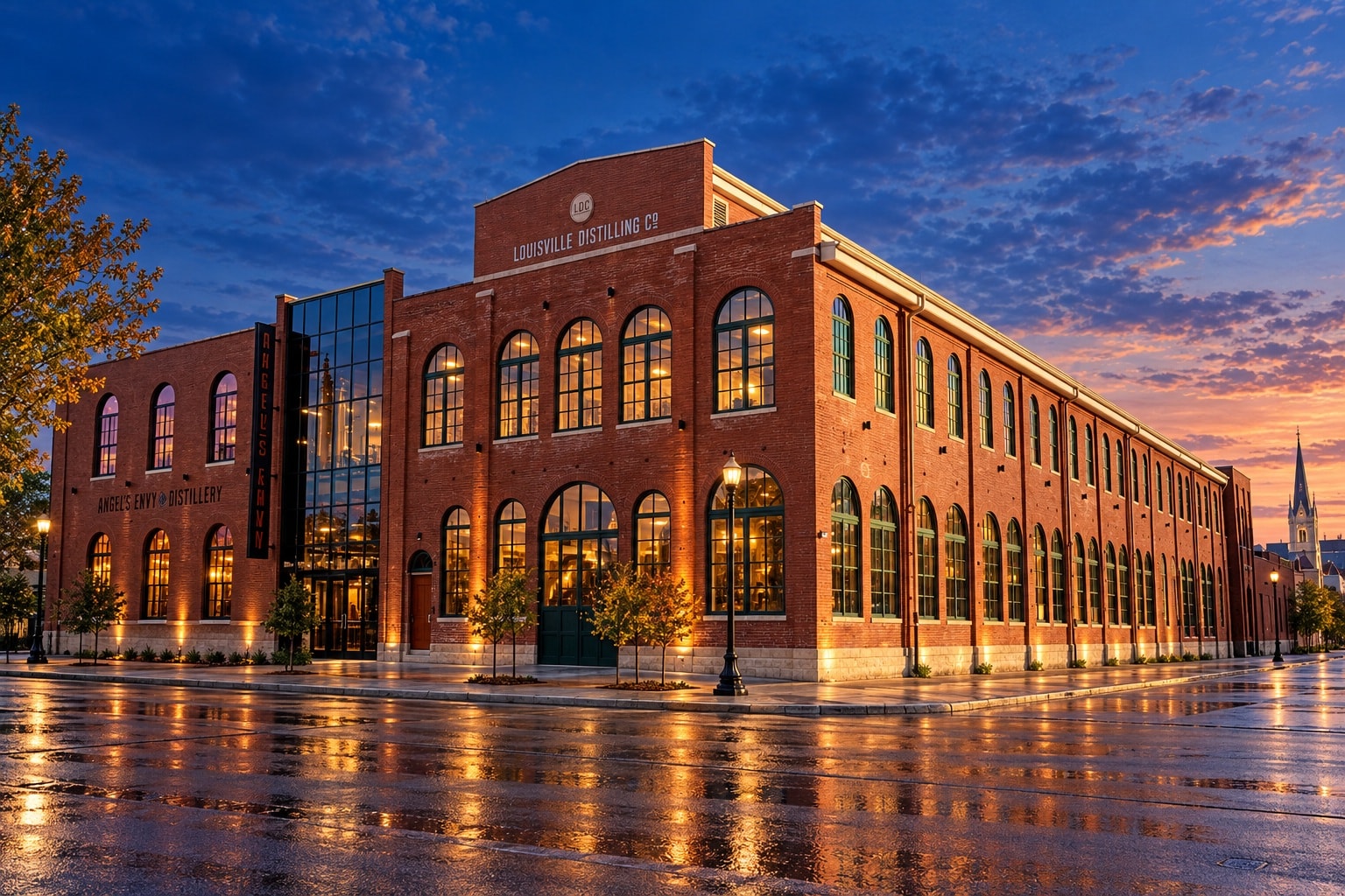 Angel’s Envy Distillery illuminated on a rain-washed evening in downtown Louisville