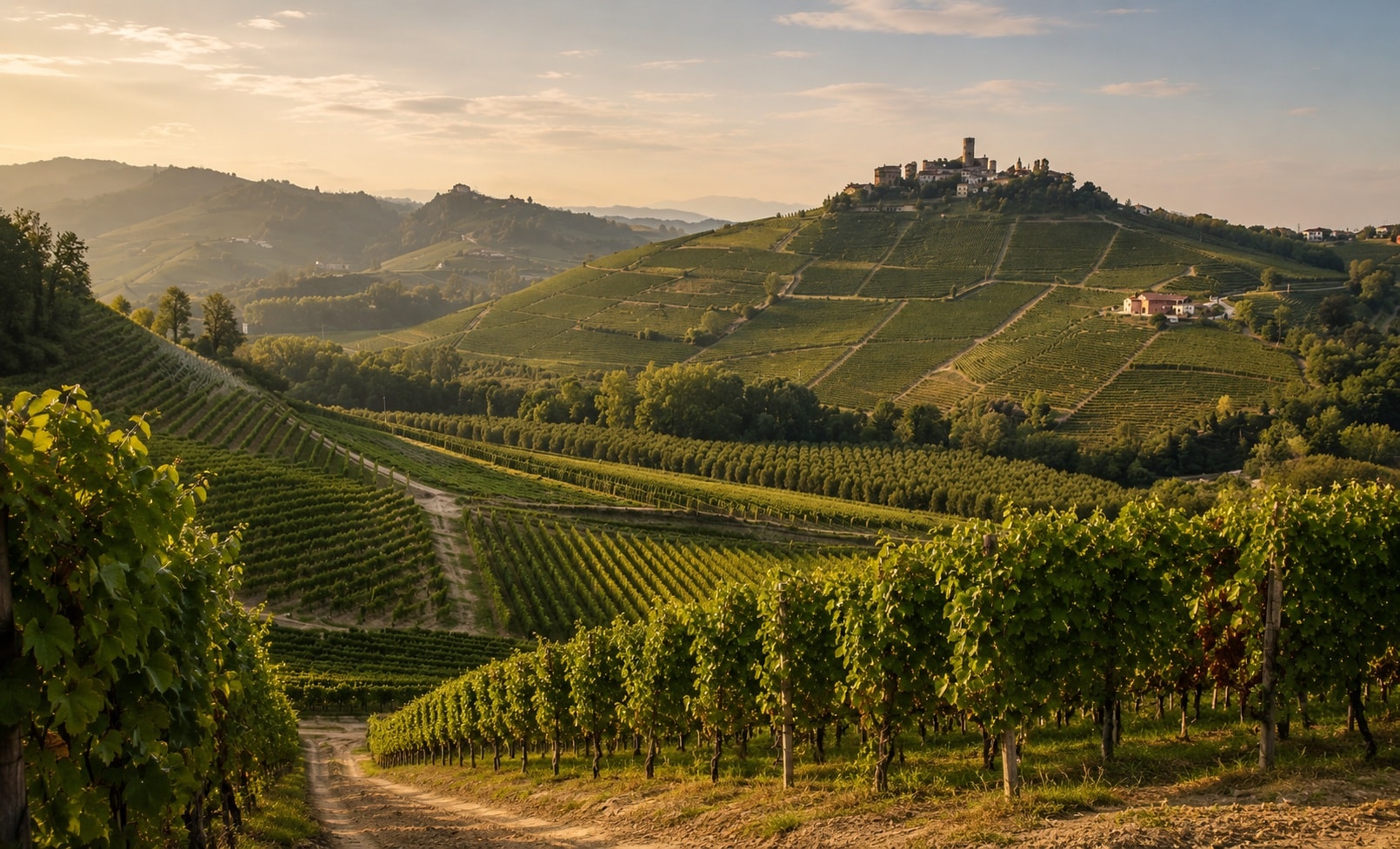Barolo vineyards in Piedmont, Italy, with steep Langhe hills and a historic hilltop village