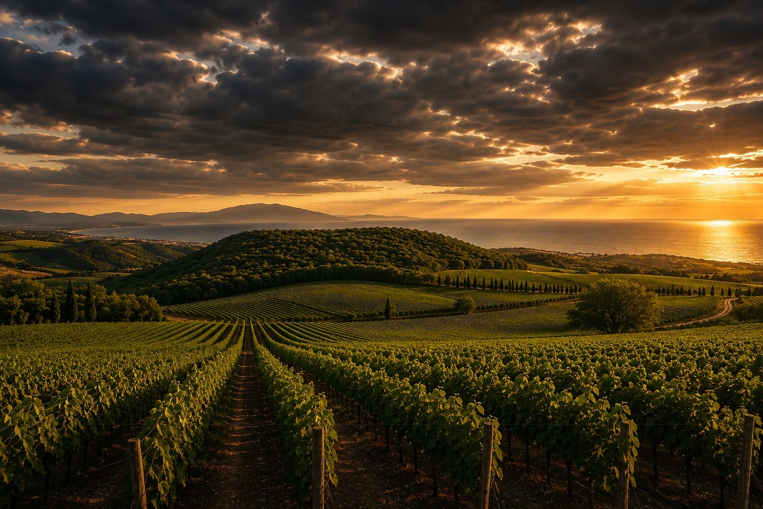 Bolgheri vineyards in Tuscany, Italy, overlooking the Tuscan coast beneath dramatic evening skies