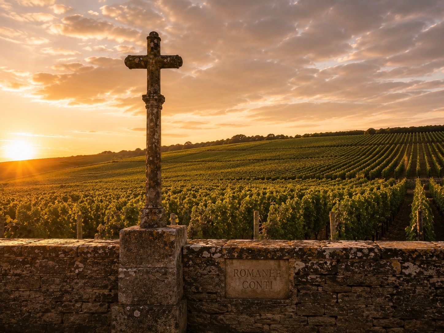 Grand Cru vineyards in Bourgogne, France with the iconic Romanée-Conti vineyard wall and stone cross at sunset. Discover Bourgogne wines and compare prices with Sipfind.