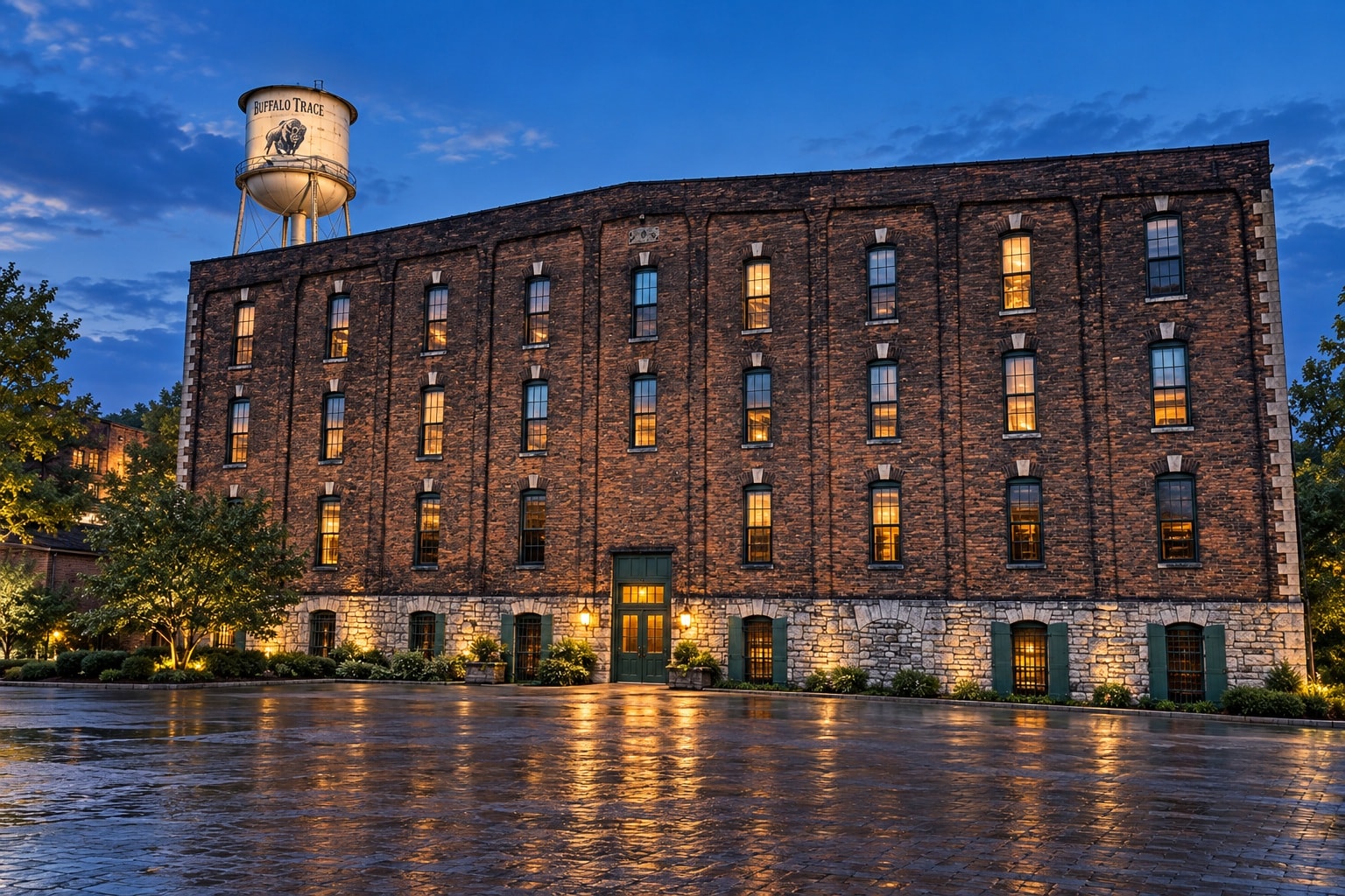 Buffalo Trace Distillery at blue hour after summer rain in Frankfort, Kentucky