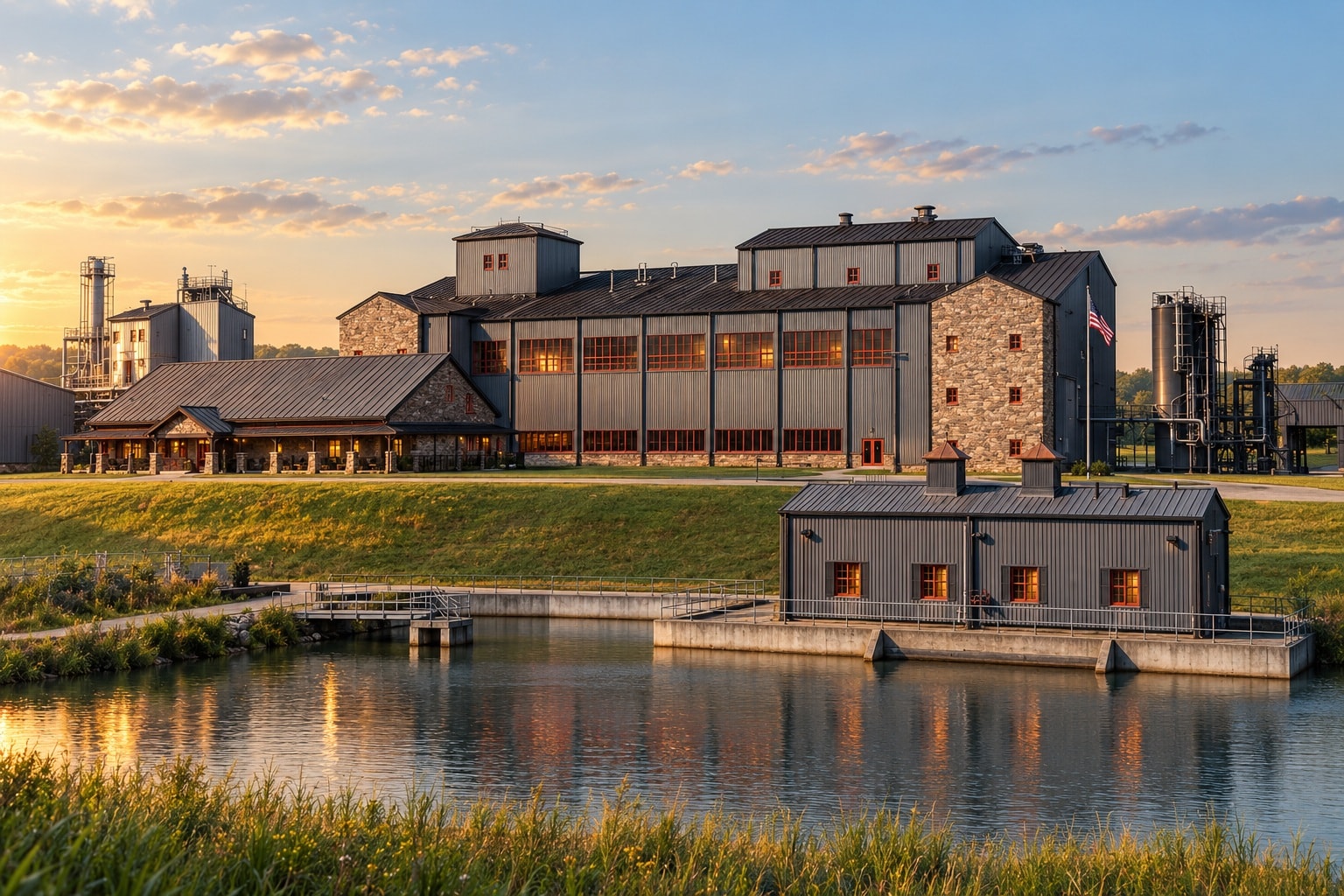Bulleit Distilling Co in Shelbyville, Kentucky, beside a reflective pond at sunset