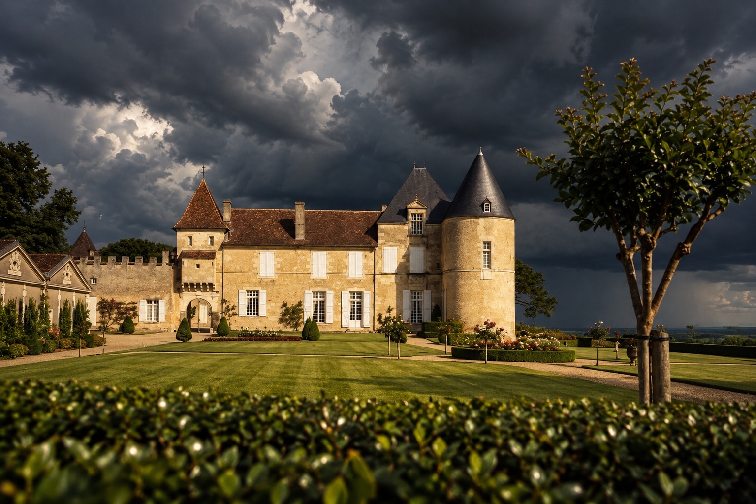Château d’Yquem estate in Sauternes, Bordeaux, beneath dramatic storm clouds