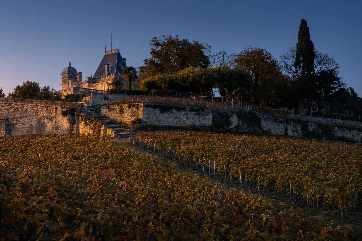 Château Ausone illuminated above terraced autumn vineyards during blue hour in Saint-Émilion
