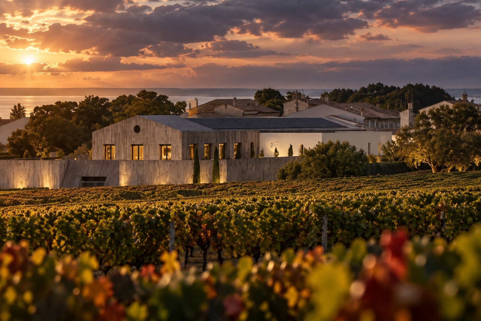 Château Clerc Milon estate surrounded by vineyards in Pauillac, Bordeaux, at sunset