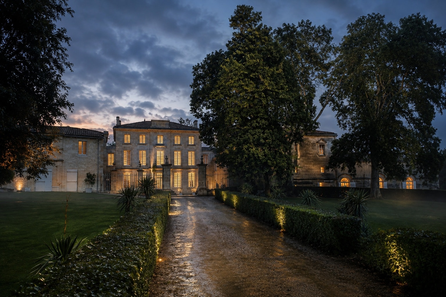 Château Figeac illuminated after summer rain during blue hour in Saint-Émilion, Bordeaux