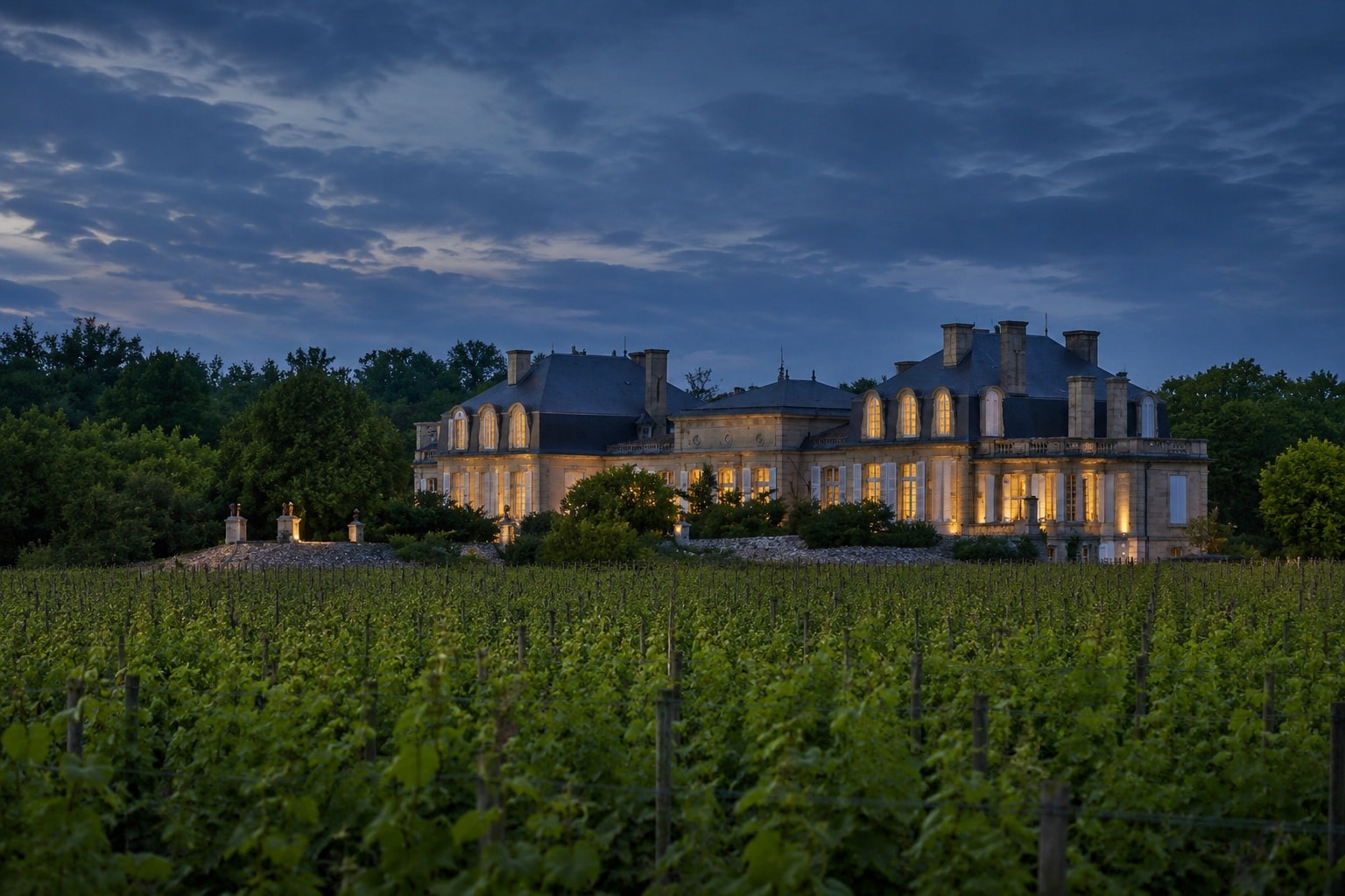 hâteau Langoa Barton 1855 Third Growth estate and vineyard at dusk in Saint-Julien Bordeaux, featured by Sipfind.