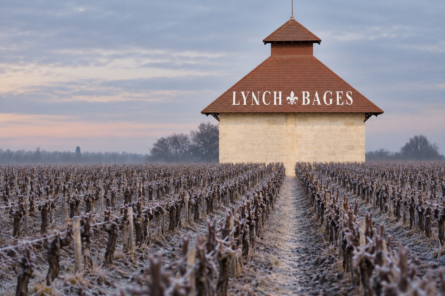 Château Lynch-Bages rising above frost-covered vines on an early winter morning in Pauillac
