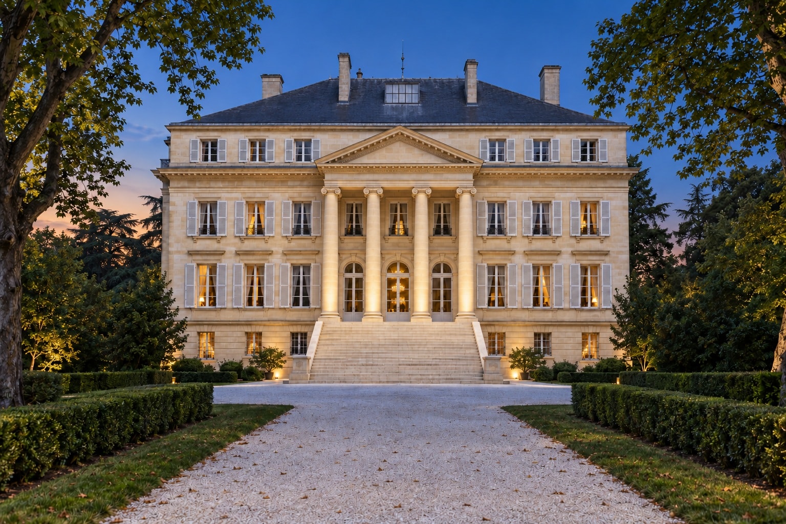 Château Margaux illuminated at dusk beyond its formal tree-lined entrance in Bordeaux