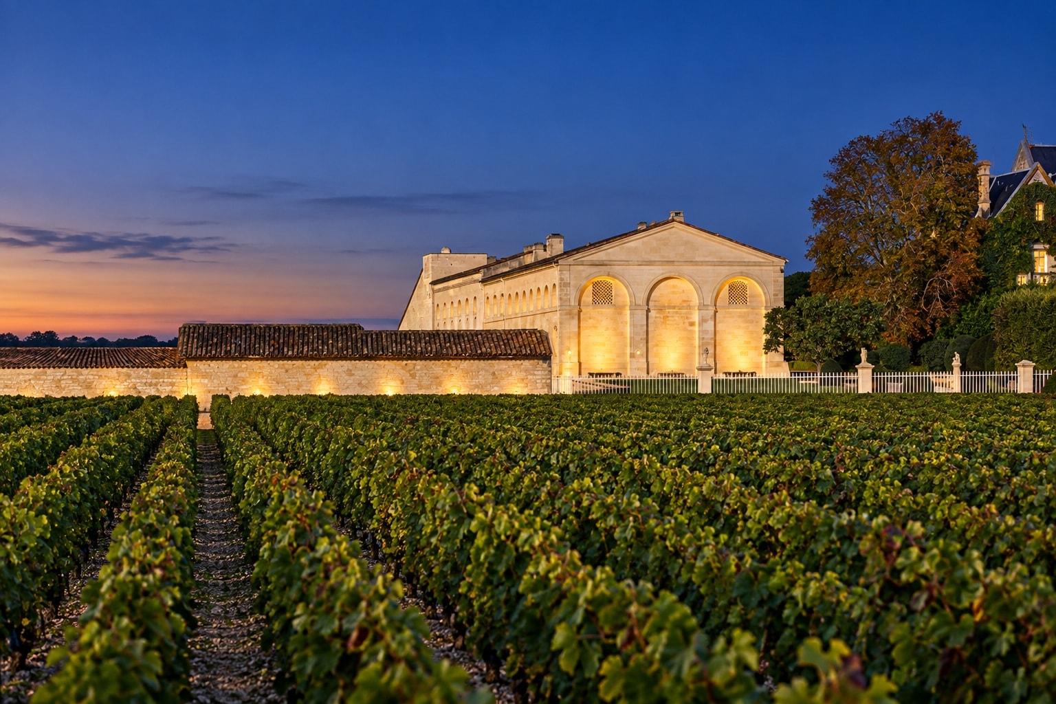 Château Mouton Rothschild illuminated above late-summer vineyards during the blue hour in Pauillac