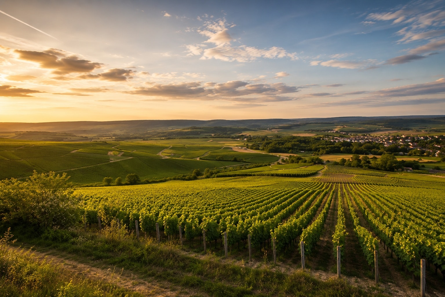 Chablis vineyards in Burgundy, France, overlooking rolling Chardonnay vineyards and the cool-climate landscape of northern Burgundy