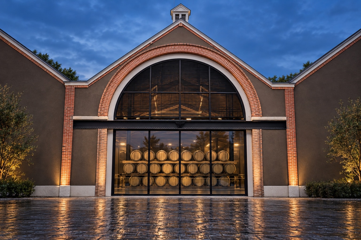 Champagne Canard-Duchêne cellar façade illuminated at blue hour after rainfall