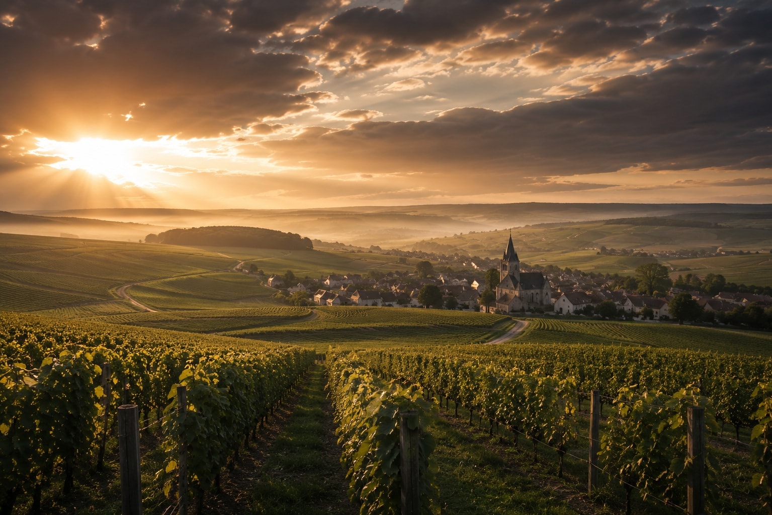 Champagne wine region in France with rolling vineyards, historic village and church at golden hour