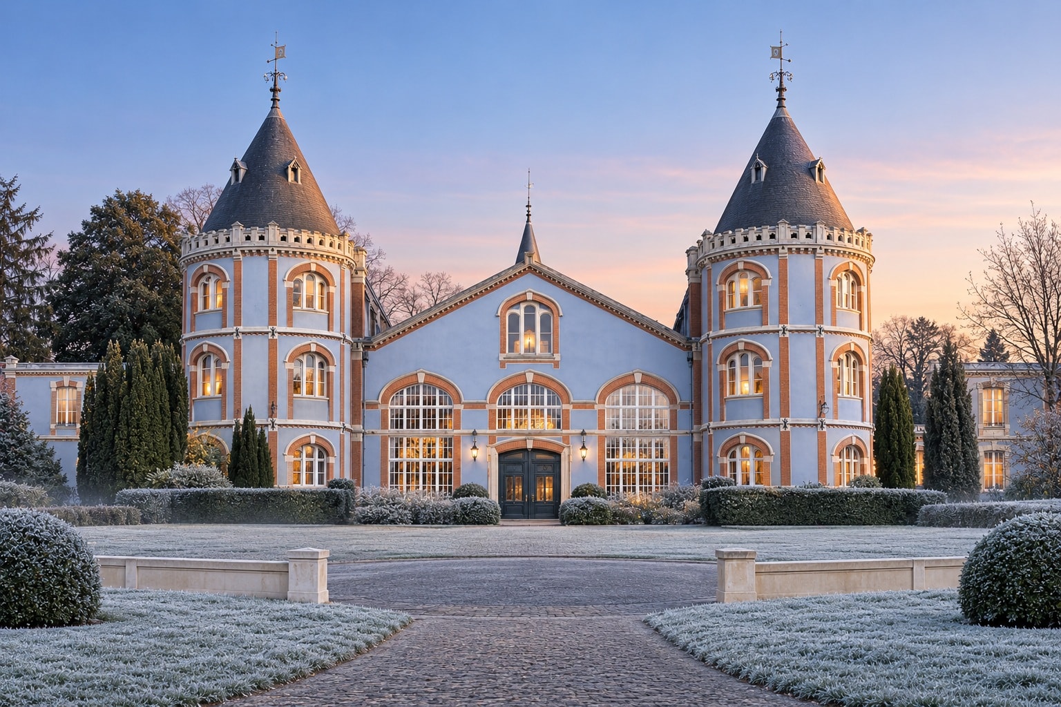 Champagne Pommery’s historic towers in Reims on a frosty winter morning
