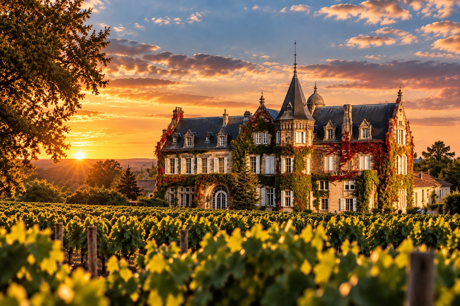 Château Lascombes and surrounding vineyards in Margaux at sunset