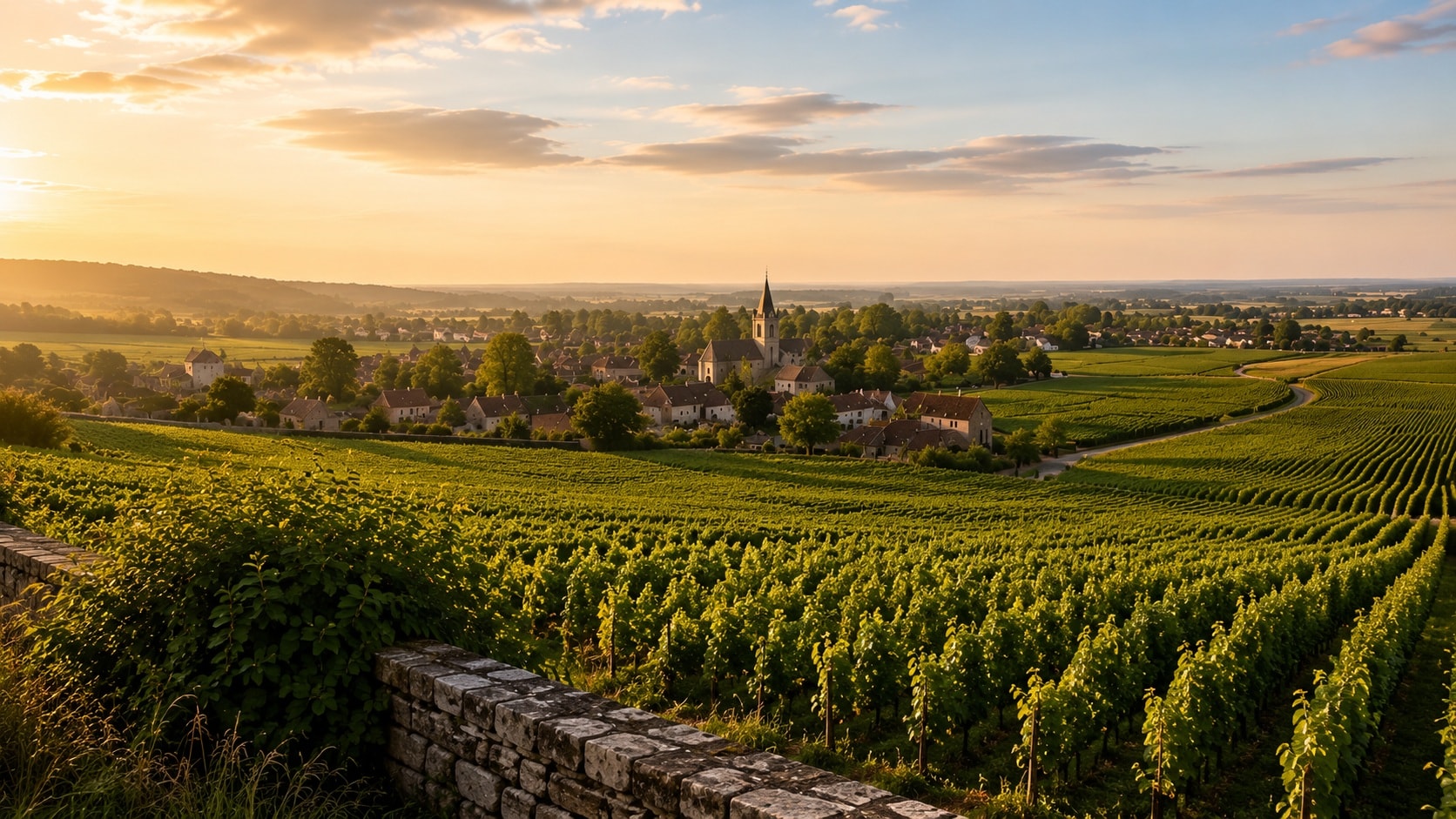Côte Chalonnaise vineyards in Burgundy, France, overlooking a traditional wine village and rolling vineyard countryside