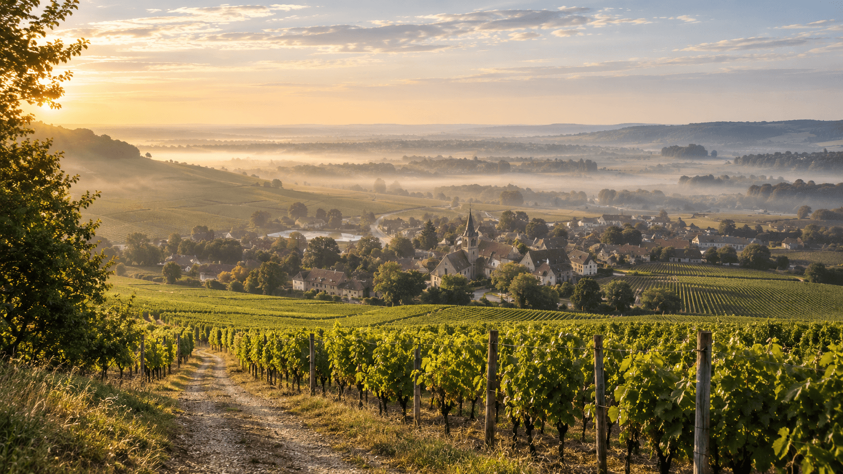 Côte de Nuits vineyards in Burgundy, France, overlooking a historic wine village and rolling vineyard slopes
