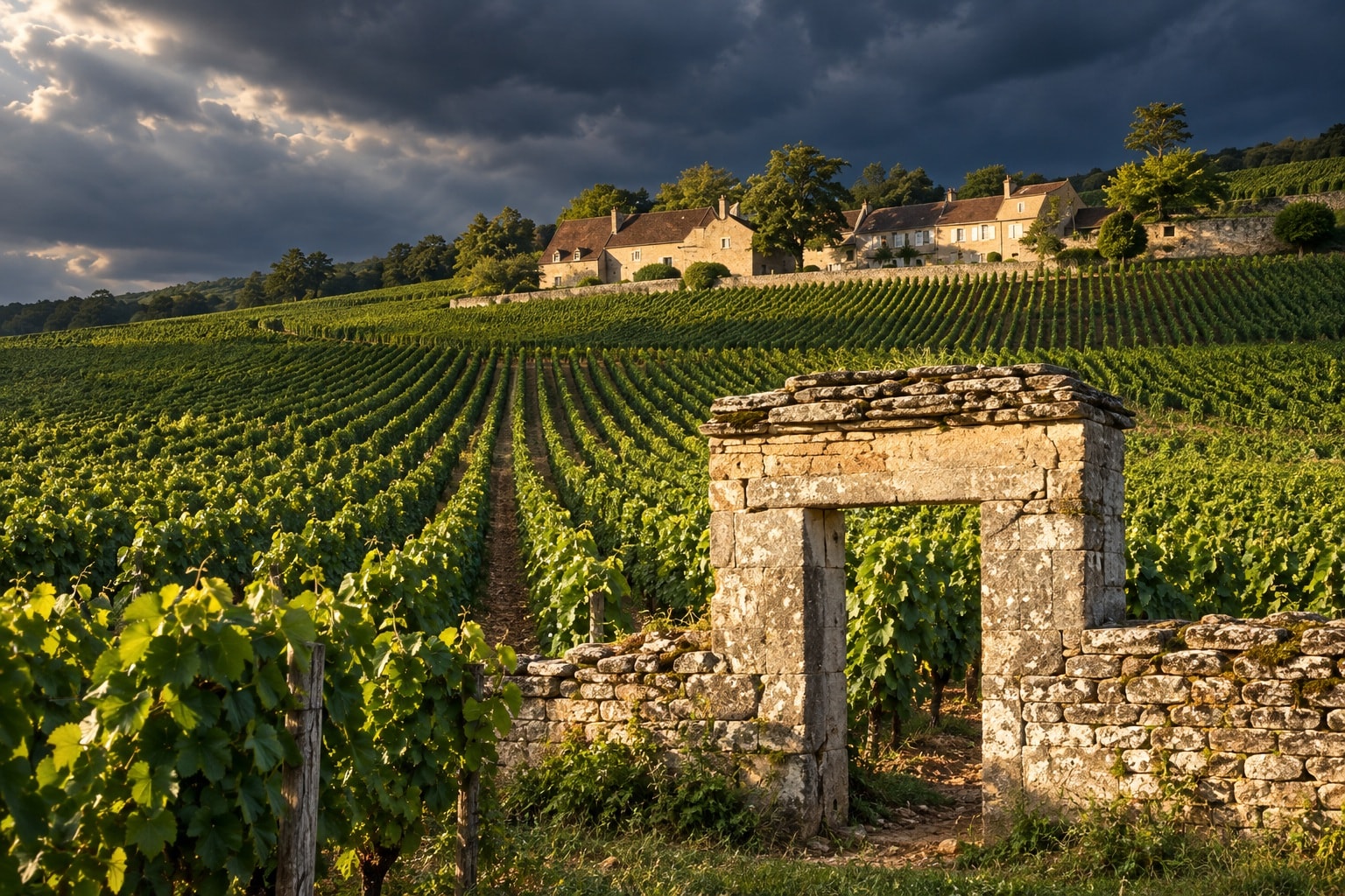 Domaine Armand Rousseau vineyards beneath dramatic summer clouds in Gevrey-Chambertin
