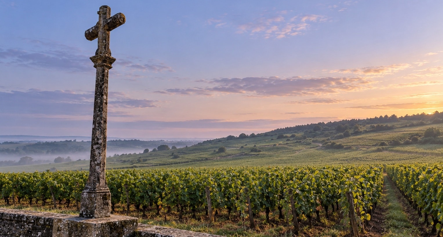 Historic stone cross overlooking Domaine de la Romanée-Conti vineyards at dawn