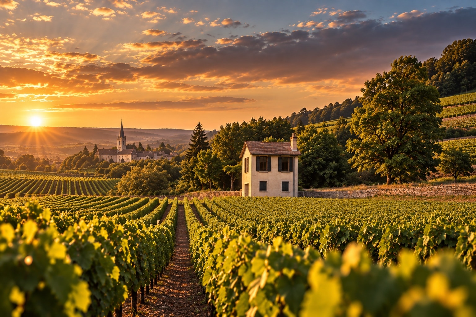 Domaine Henri Boillot vineyards in Burgundy at golden hour