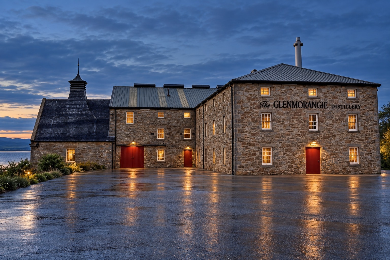 Glenmorangie Distillery in the rain early evning