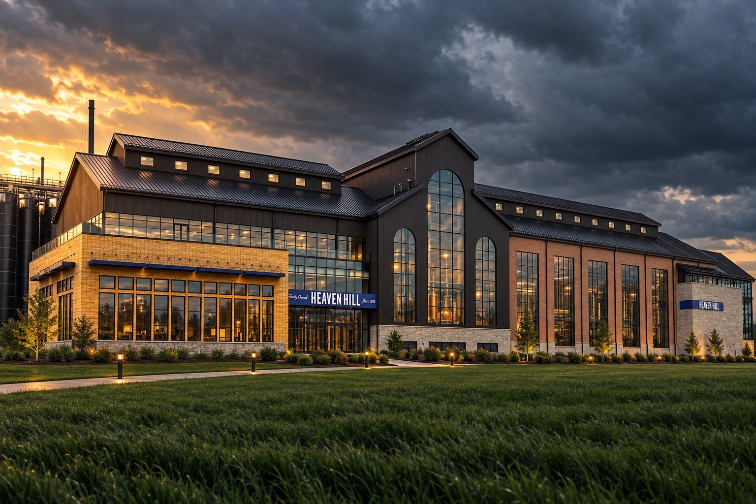 Heaven Hill Distillery beneath dramatic storm clouds at dusk in Bardstown, Kentucky