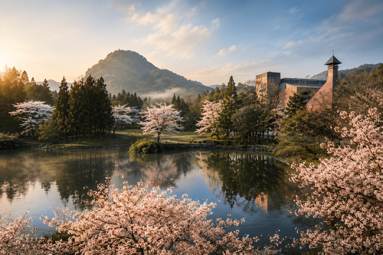 Japanese whisky region landscape with cherry blossoms, mountains and traditional Japanese architecture