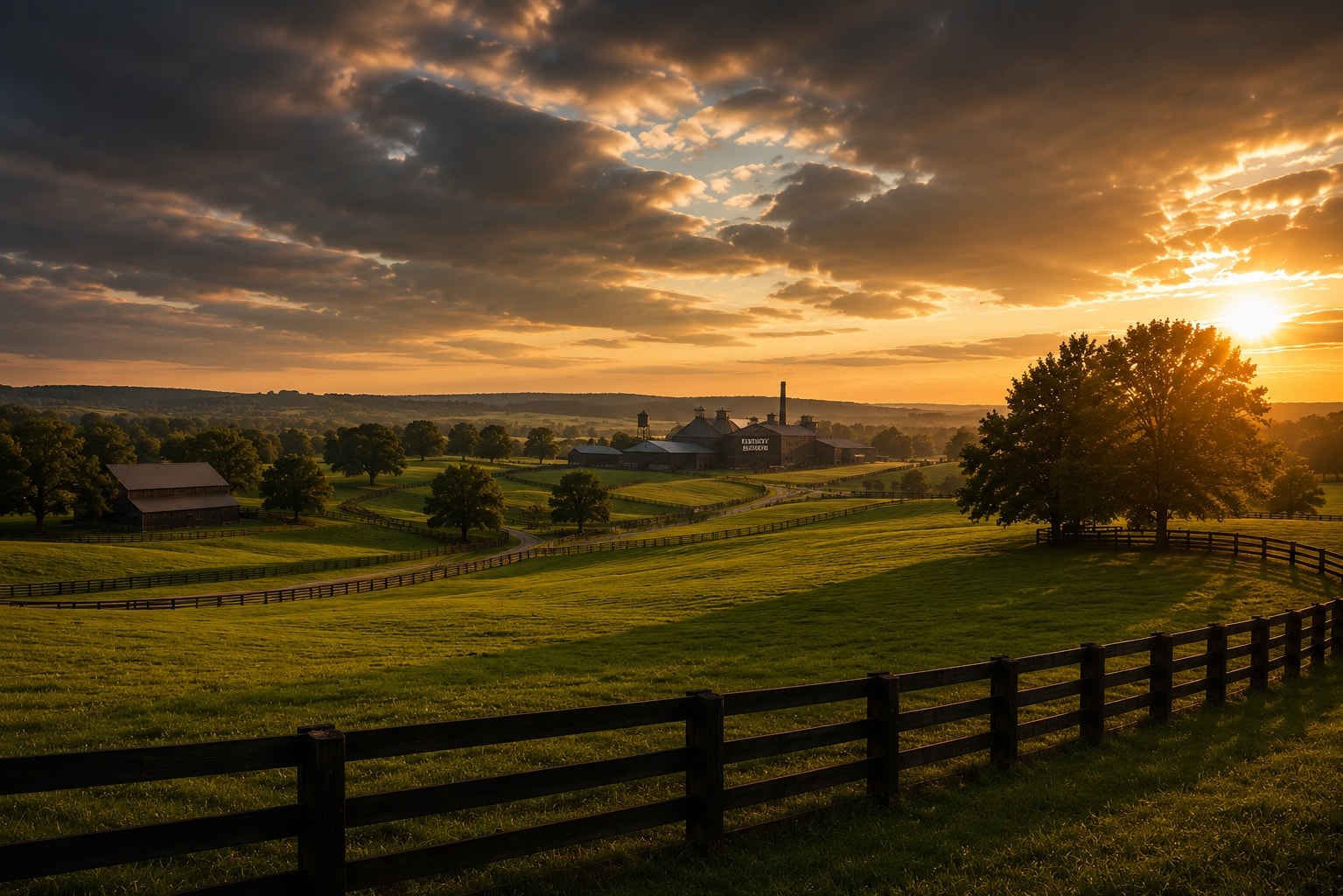 Kentucky bourbon country with rolling green hills, historic distillery and traditional wooden fences at sunset