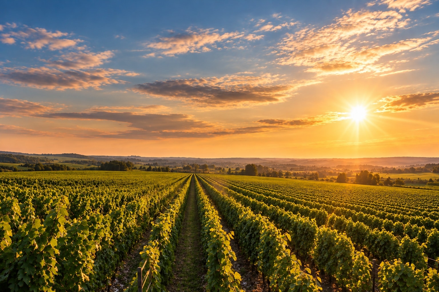 Larmandier-Bernier vineyards in the Côte des Blancs, Champagne, at sunset