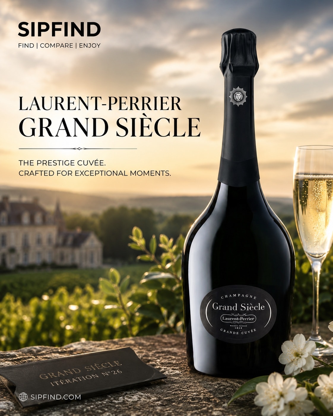 Laurent-Perrier Grand Siècle prestige cuvée Champagne bottle in an elegant Champagne vineyard setting – Sipfind