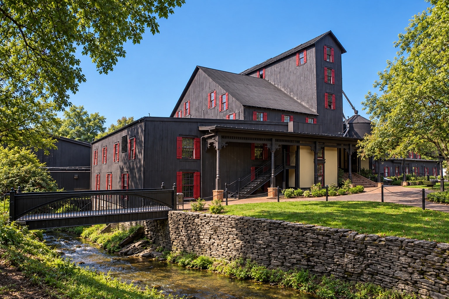 Maker’s Mark Distillery in Loretto, Kentucky, beneath a clear blue sky