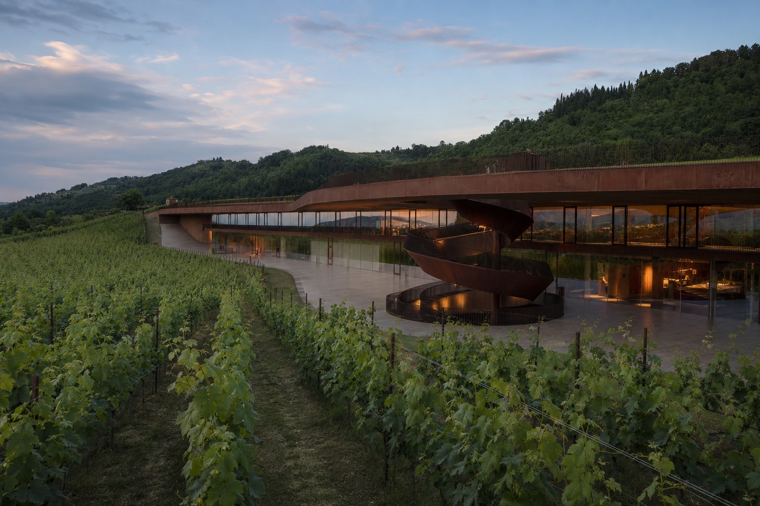Marchesi Antinori vineyards and modern Bargino winery at dusk in Chianti Classico, Tuscany