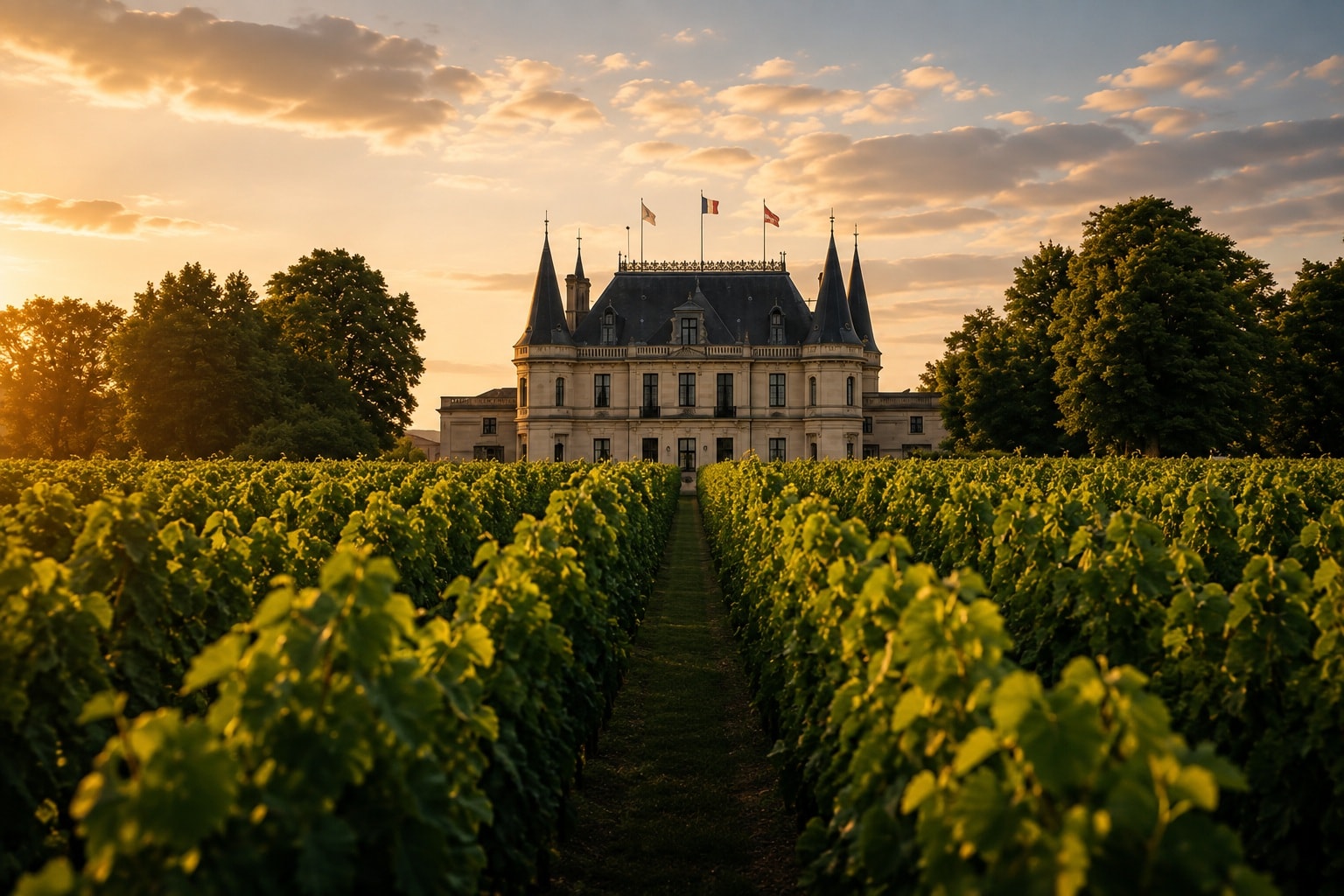 Margaux vineyards in Bordeaux, France, with historic château surrounded by Médoc wine country