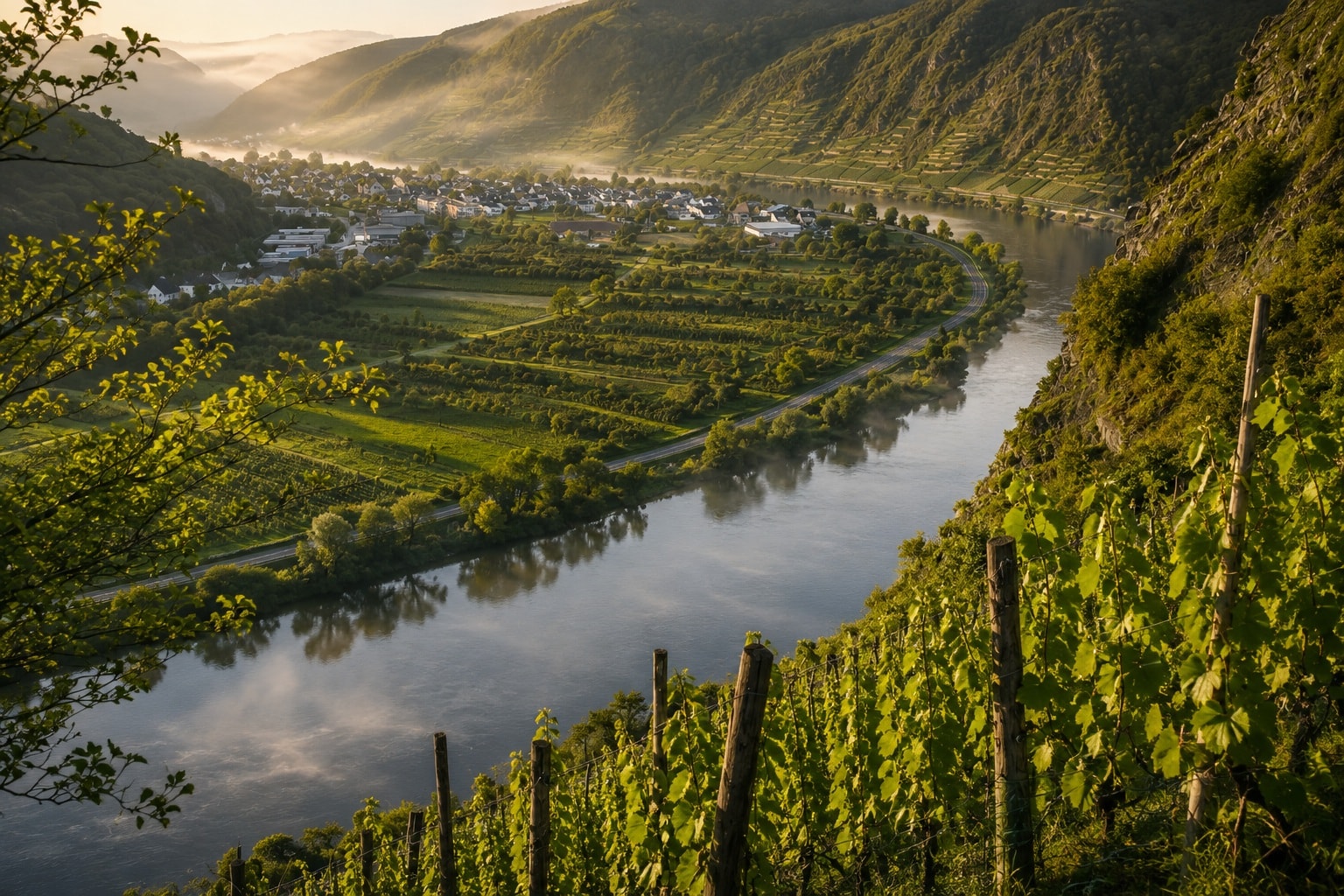 Mosel vineyards in Germany overlooking the Mosel River, steep slate slopes and a traditional wine village