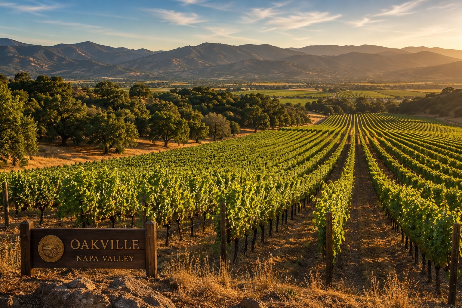 Napa Valley vineyards in California with Cabernet Sauvignon vines, rolling hills and the Mayacamas Mountains
