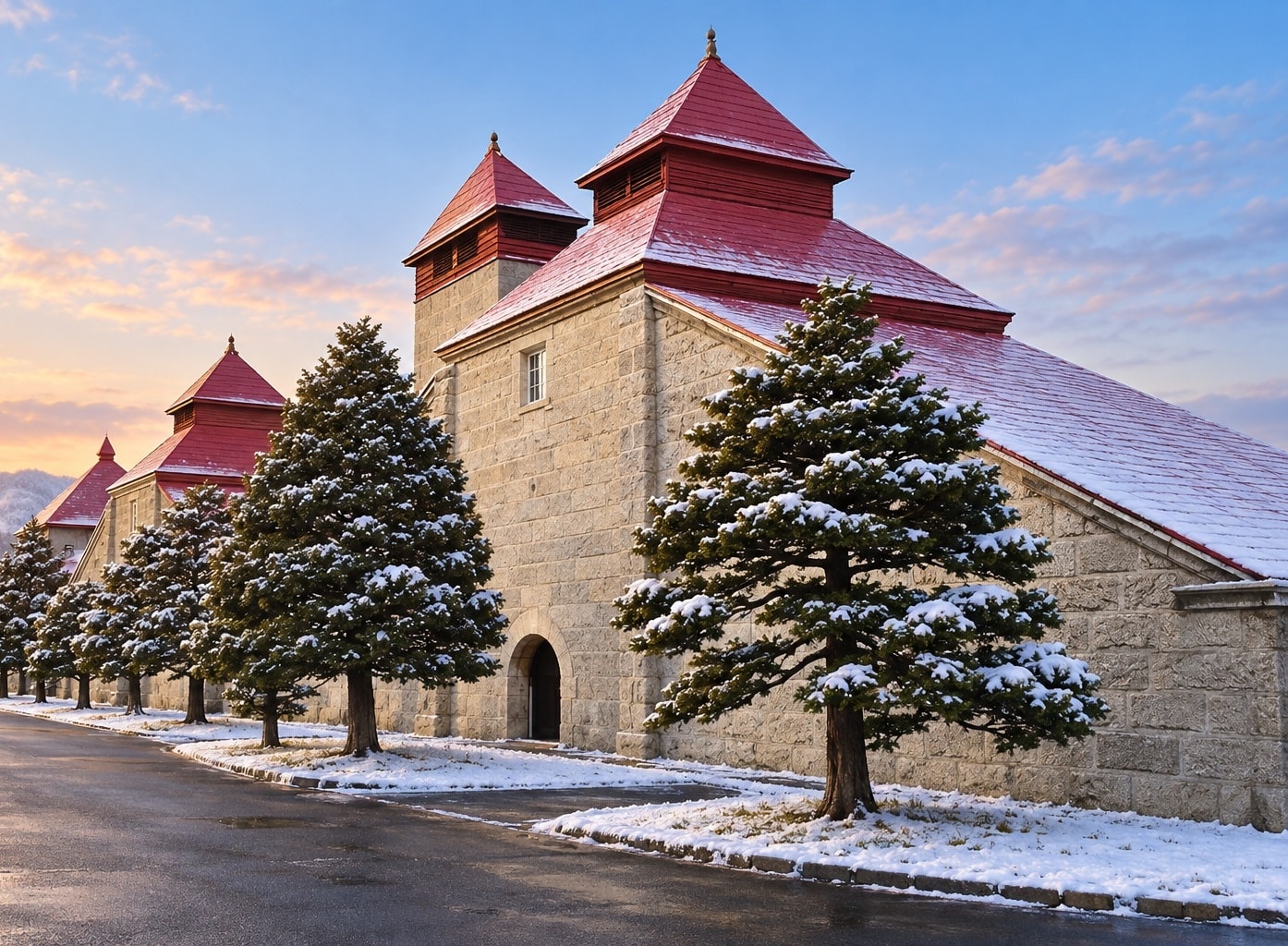 Nikka’s Yoichi Distillery at winter sunrise in Hokkaido, Japan
