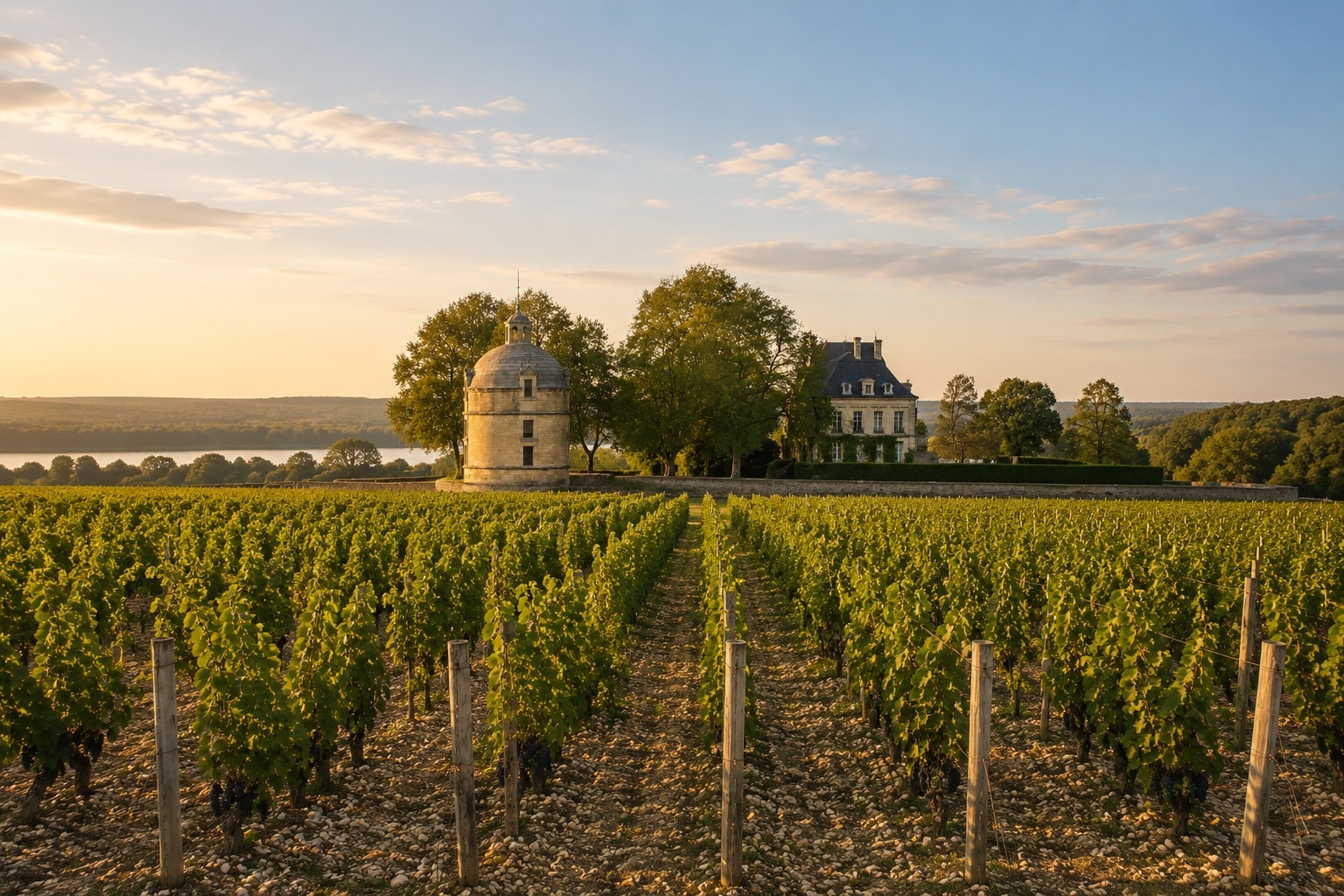 Pauillac vineyards in Bordeaux, France, with historic château architecture overlooking the gravel-rich Médoc landscape