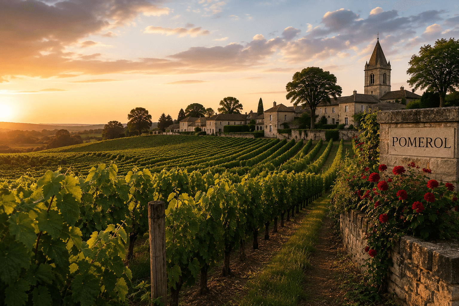 Pomerol vineyards in Bordeaux, France, with the historic village at golden hour