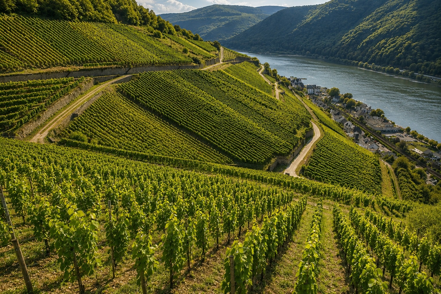 Rheingau vineyards in Germany overlooking the Rhine River and steep vineyard-covered hills