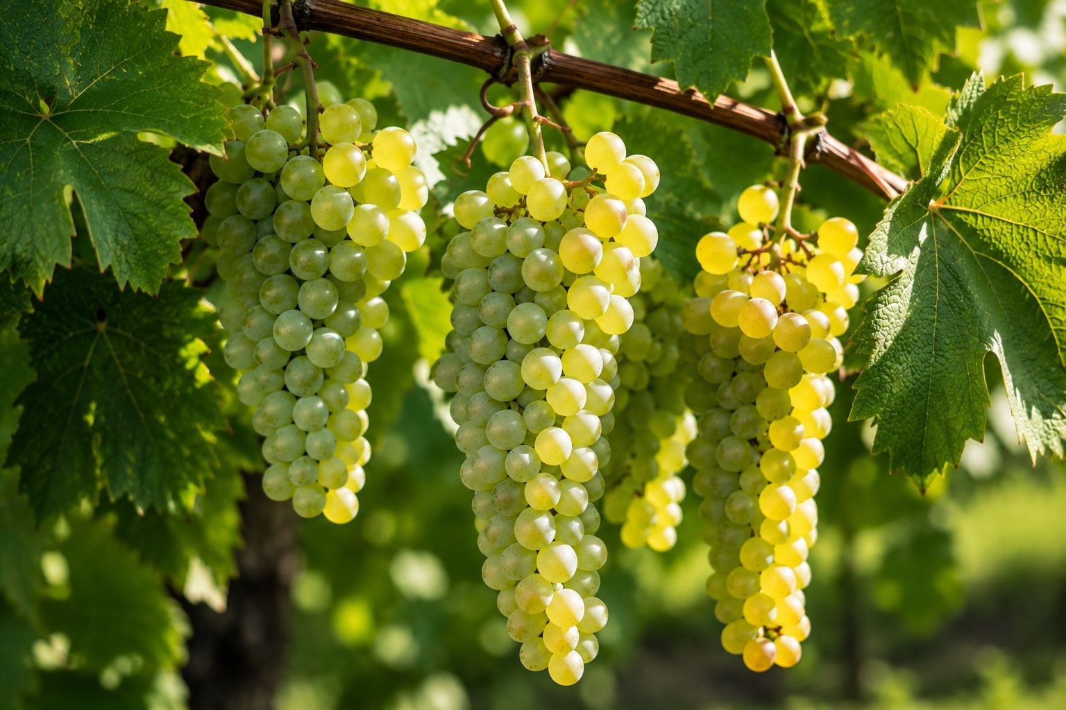Riesling grapes ripening on the vine in a sunlit vineyard