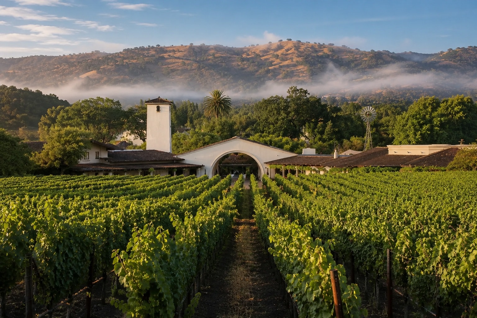 Robert Mondavi Winery amid summer vines and morning mist in Oakville, Napa Valley